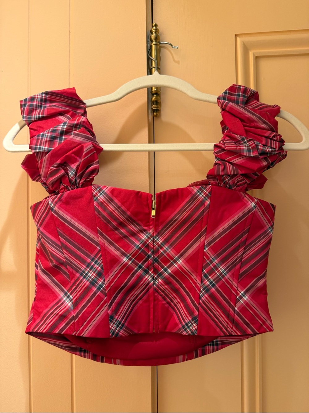 Plaid Puff-Sleeve Crop Top - Red - Loveshack Fancy - Picture 2 of 4